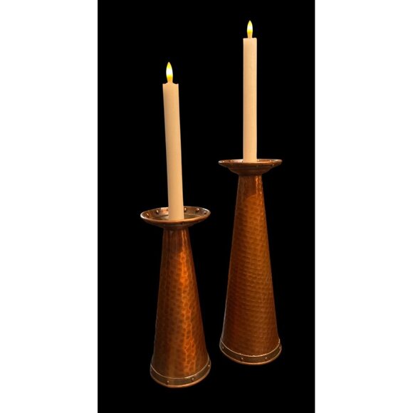 2 Vtg Hammered Copper & Brass Studded Candle Holders Made In India 9.5" & 12" - Picture 1 of 4